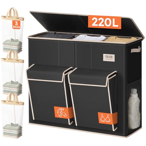 SOLEDI Black 220L Laundry Hamper with 3 Compartments & 2 Side Pockets