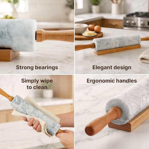Quartz White Marble Rolling Pin with Stand - 17 Inch Baking Dough Roller