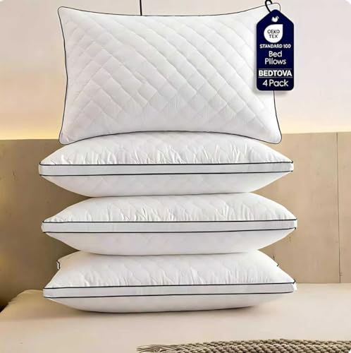 White Reversible Queen Bed Pillows Set of 4 - Firm One Side Soft Other | BEDTOVA