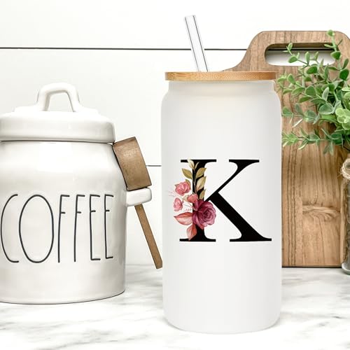 Personalized Monogram Frosted Glass Tumbler with Straw & Lid - Initial R, Custom Coffee Cup Gift for Women