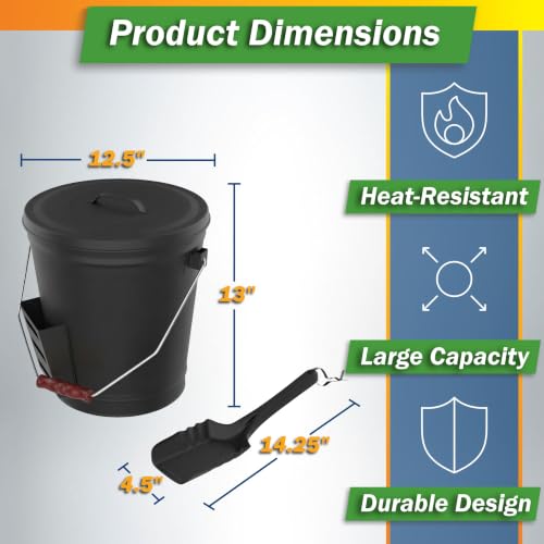 4.75-Gallon Metal Ash Bucket with Lid & Shovel – Fireplace & Wood Stove Accessory