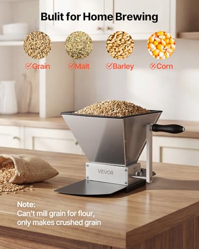 VEVOR 4L Manual Grain Mill with Adjustable Stainless Steel Rollers for Homebrewing
