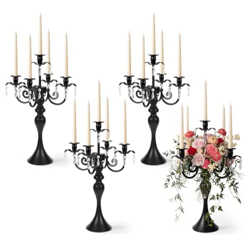 Black 20-Inch 5-Arm Crystal Taper Candle Holder Candelabra for Weddings & Home Decor