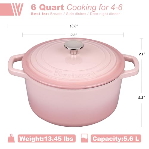 6 Qt Pink Cast Iron Dutch Oven with Lid for Bread Baking & Cooking - Sourdough Bread Supplies Set - VORRINGARD