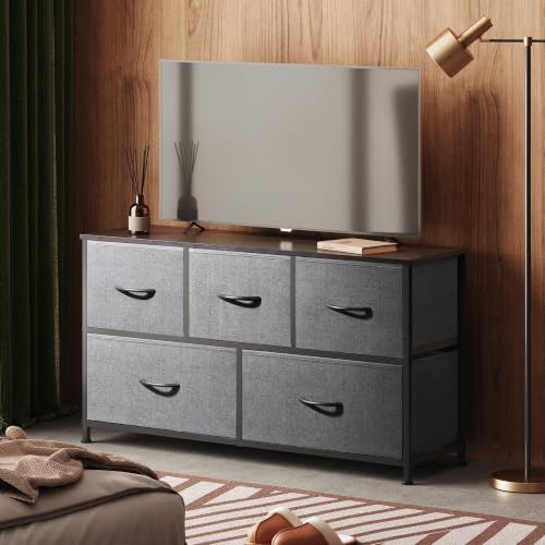 Dark Grey Wide Dresser with 5 Drawers - Bedroom Storage Chest, 39.37" Wide