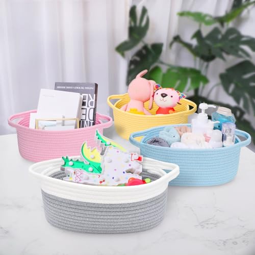 ABenkle 1 Pack Small Rope Storage Basket with Handles, Grey, 12x8x5 Inches - Boho Pet Toy & Organizer Bin for Nursery, Home, Gifts