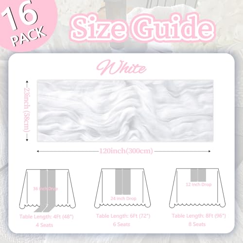 Peppmily 16 Pack White Cheesecloth Table Runners 23 x 120 Inch - 10Ft Set for Events