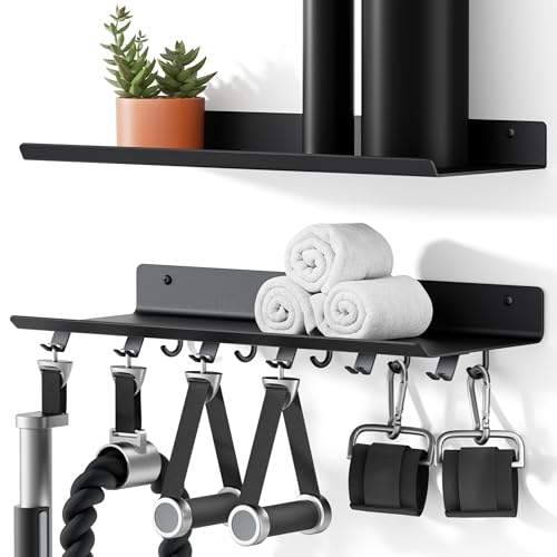 2-Tier Floating Wall Shelf for Gym Accessories with Hooks - Black