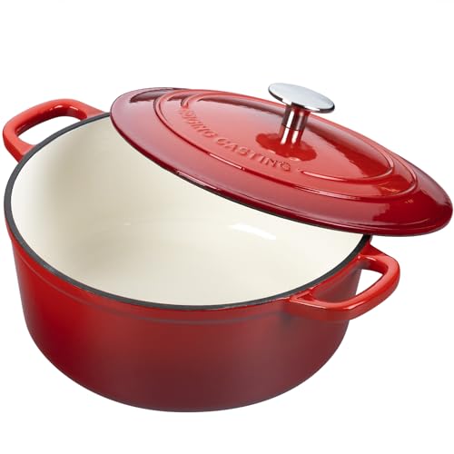 7 Quart Enamel Cast Iron Dutch Oven Pot with Lid - Red, Round, Oven Safe 500°F, Dual Handles