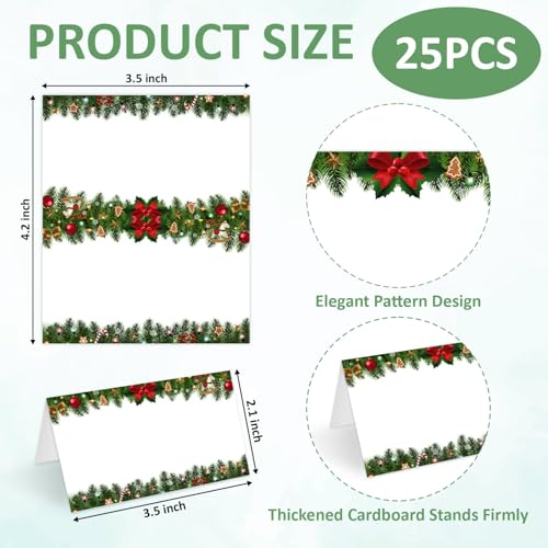 Red Bow Christmas Place Cards 25 Pack, Foldable Tent Name Cards for Holiday & Wedding