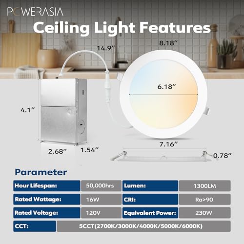 POWERASIA 12 Pack 7 Inch LED Recessed Light Fixtures - Dimmable Canless Wafer, White, 5CCT