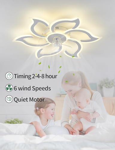 SIJINCHEN 33.5 Inch White Flower Ceiling Fan with Lights & Remote - Modern Low Profile Flush Mount Fan for Bedroom & Kitchen
