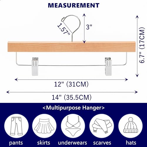 Amber Home 24 Pack Wooden Pants Hangers with Adjustable Clips, 14"