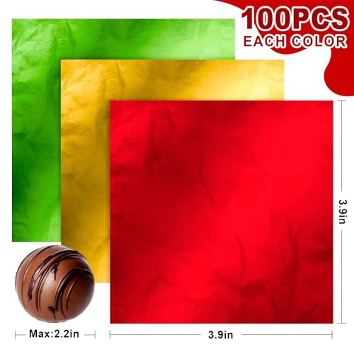 Whaline 300Pcs Christmas Foil Candy Wrappers 3.9 x 3.9 Inch in Red, Green & Gold
