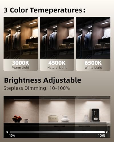 AMETHEUS 12-inch Rechargeable Motion Sensor Under Cabinet LED Light - Dimmable, 3 Color Temps, Remote, Indoor Use (6 Pack)