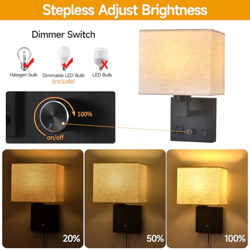 Black Wall Sconce Lamp with Fabric Shade and Dimmable Switch - Bedside Wall Light with USB & AC Outlet