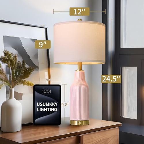 24.5-Inch Dimmable Touch Control Ceramic Table Lamp Set - Pink, 2-Pack with USB A+C Ports - Modern Farmhouse Nightstand Lamps - Variation: 24.5"-TU-Pink