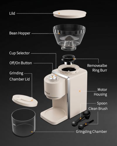 KIDISLE Conical Burr Coffee Grinder 2.0 Beige - Adjustable 35 Settings for Home Use