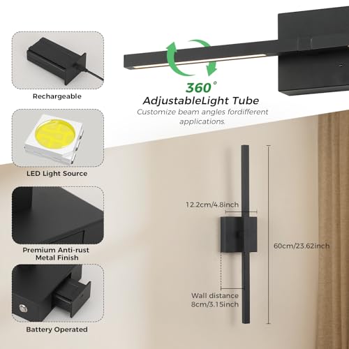 Black 24-Inch Battery Operated Wall Sconce Set - Rechargeable, 360° Rotatable, Dimmable, Wireless with Remote - Variation: Black / 3W-24Inch