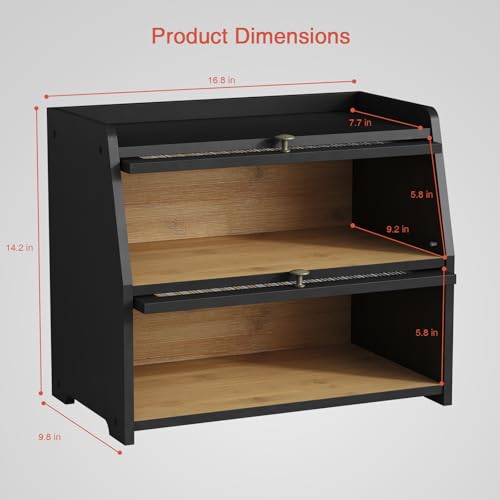 Goozii Black Large Double Layer Bread Box for Kitchen Countertop & Pantry Storage