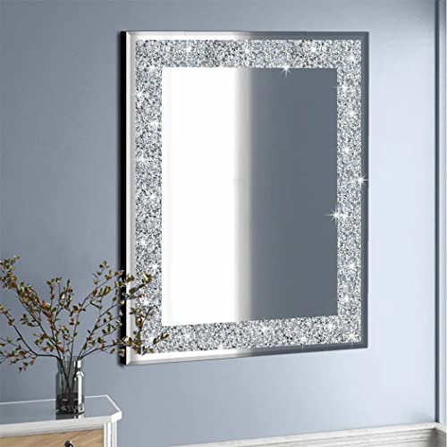 QMDECOR 32x24 Inch Rectangle Silver Mirror with Crystals Wall Decor Frameless Glam