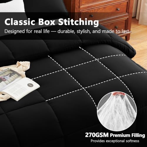 CozyLux Queen Comforter Set Black 3-Piece Box-Stitched Microfiber Bedding