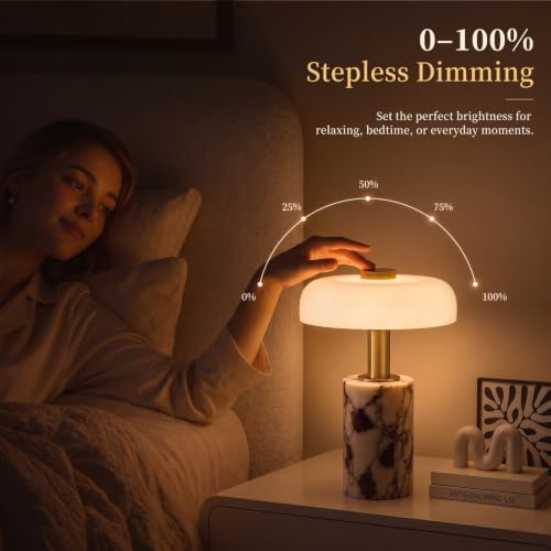 Calacatta Viola Marble Cordless Table Lamp with Glass Shade & Touch Dimming