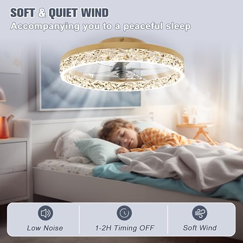 VOLISUN 19.7in Gold Flush Mount Ceiling Fan with Lights & Remote, Dimmable 3000K-6500K, Modern Quiet Fan for Bedroom & Living Room