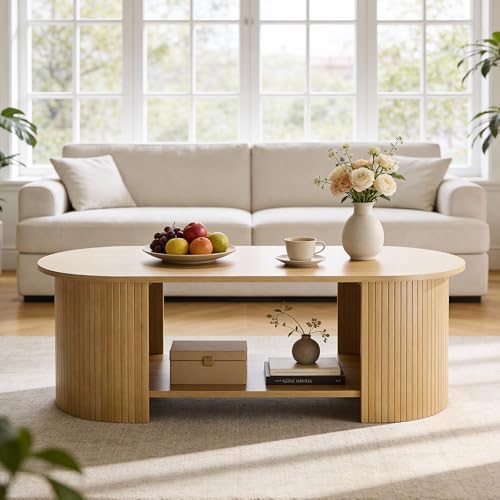 Oak MXV Oval Fluted Coffee Table 2-Tier Mid Century Modern Center Table with Storage - 42 Inches