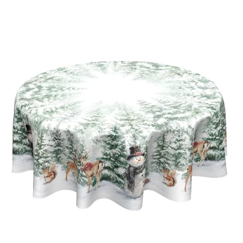 Winter Snowman 70in Round Christmas Tablecloth - Wipeable Polyester Cover for Kitchen & Dining