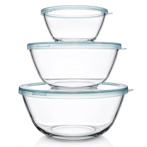 Clear Blue Glass Mixing Bowls with Lids Set - 3-Piece Kitchen Food Prep & Storage