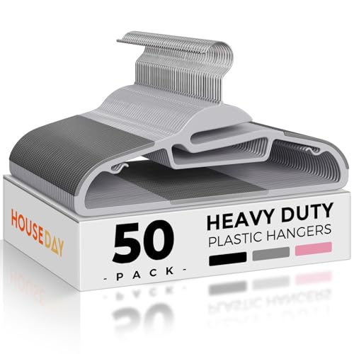 HOUSE DAY Grey Plastic Hangers 50 Pack, Slim Space Saving, Non Slip