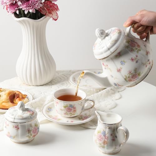 Sweejar Small Flower Floral Tea Set for 6 with Teapot & Saucers – Gold Rim Porcelain, Elegant Gift