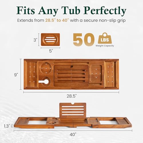 Adjustable Teak Bathtub Caddy Tray with Removable Side Trays - Classic Teak Finish