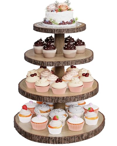 Round 4-Tier Wooden Cupcake Stand - Rustic Cake Display Holder for Events