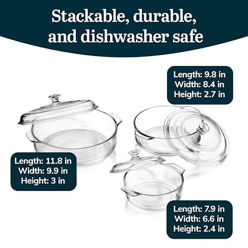 Libbey Baker's Basics Glass Casserole Dish Set with Covers - Basic 3-Piece Round Set