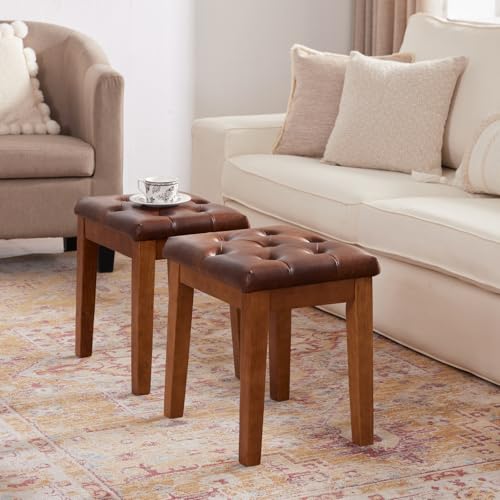 Retro Brown Ottoman Vanity Stool with Padded Linen Seat - Wooden Frame
