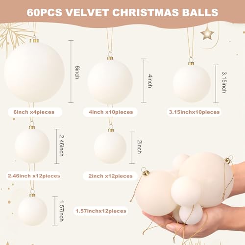 Woonfond 60-Piece Velvet Christmas Ball Ornaments Set, White (6 sizes)