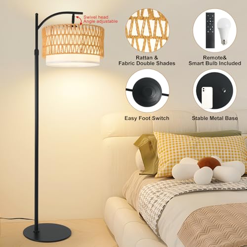 Country Black Rustic Farmhouse Floor Lamp with Woven Rattan Shade - 12W LED Dimmable Tall Standing Light for Living Room - DRAWNCAT
