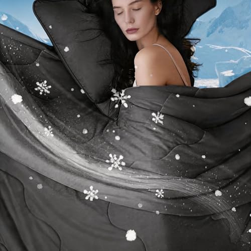DOWNCOOL Queen Size Cooling Comforter with Gel Pillowcases, Dark Grey, 90x90"