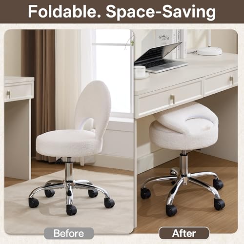 Foldable Vanity Chair with Storage - 15.8-Inch Spacious Seat, White, Adjustable & 360° Swivel