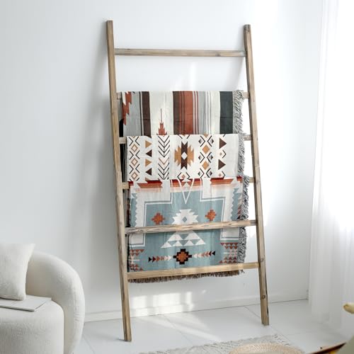 Extra Wide Wooden Blanket Ladder 38 Inch Rustic Decor Rack - Burnt Brown, 6.4ft