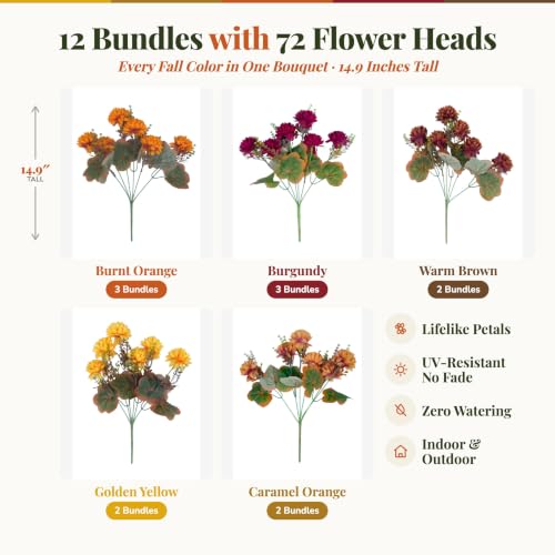 Artificial Fall Mums Flowers Bundle - 15 Inch, Multi-Orange Yellow Burgundy Brown, Outdoor Decor