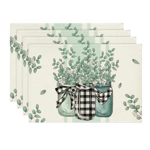 Eucalyptus Buffalo Plaid Spring Placemats Set of 4 12x18 Inches Beige & Green