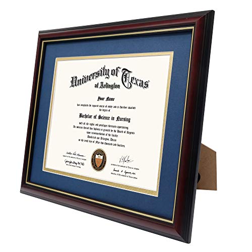 GraduationMall Cherry Wood Diploma Frame with Gold Trim - Navy Mat or No Mat, 8.5x11 or 11x14 Display