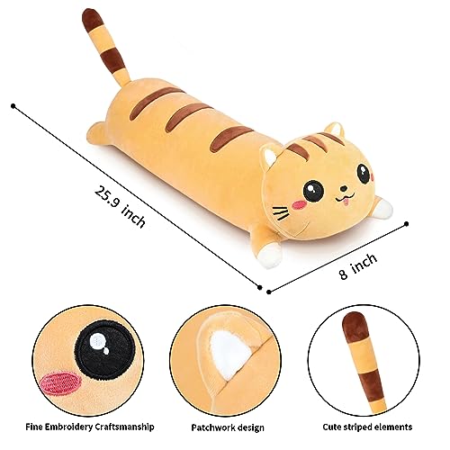 AFAN Long Cat Plush Cute Cat Body Pillows Kawaii Stuffed Animals Plushies Soft Cuddly Cotton Plush Toys Room Decor Gifts for Kids Girls Boys Adults (Yellow, 25.9 Inch)