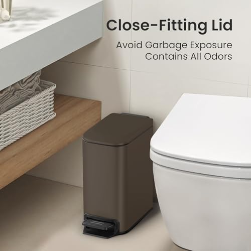 Small Bathroom Trash Can with Lid - 1.6 Gallon, Soft Close, Brown