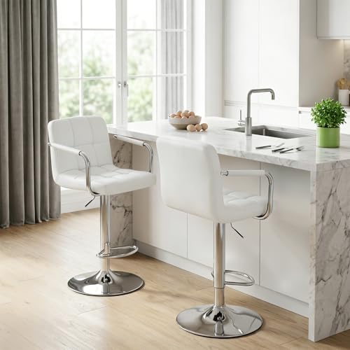 DUMOS Swivel Bar Stools Set of 2 - White PU Leather Counter Height Chairs