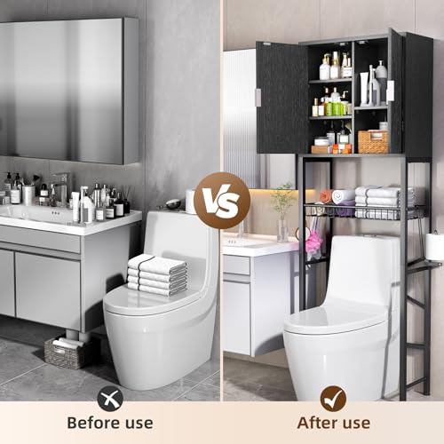 Over The Toilet Storage Cabinet with Fluted Wave Doors and Adjustable Shelves - Black - Freestanding Bathroom Organizer