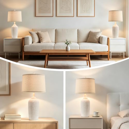 Farmhouse Table Lamp for Living Room & Bedroom - Antique White Stone-Like Bedside Lamp